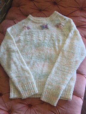 Cozy Pastel Cream Knit Sweater with Floral Embroidery